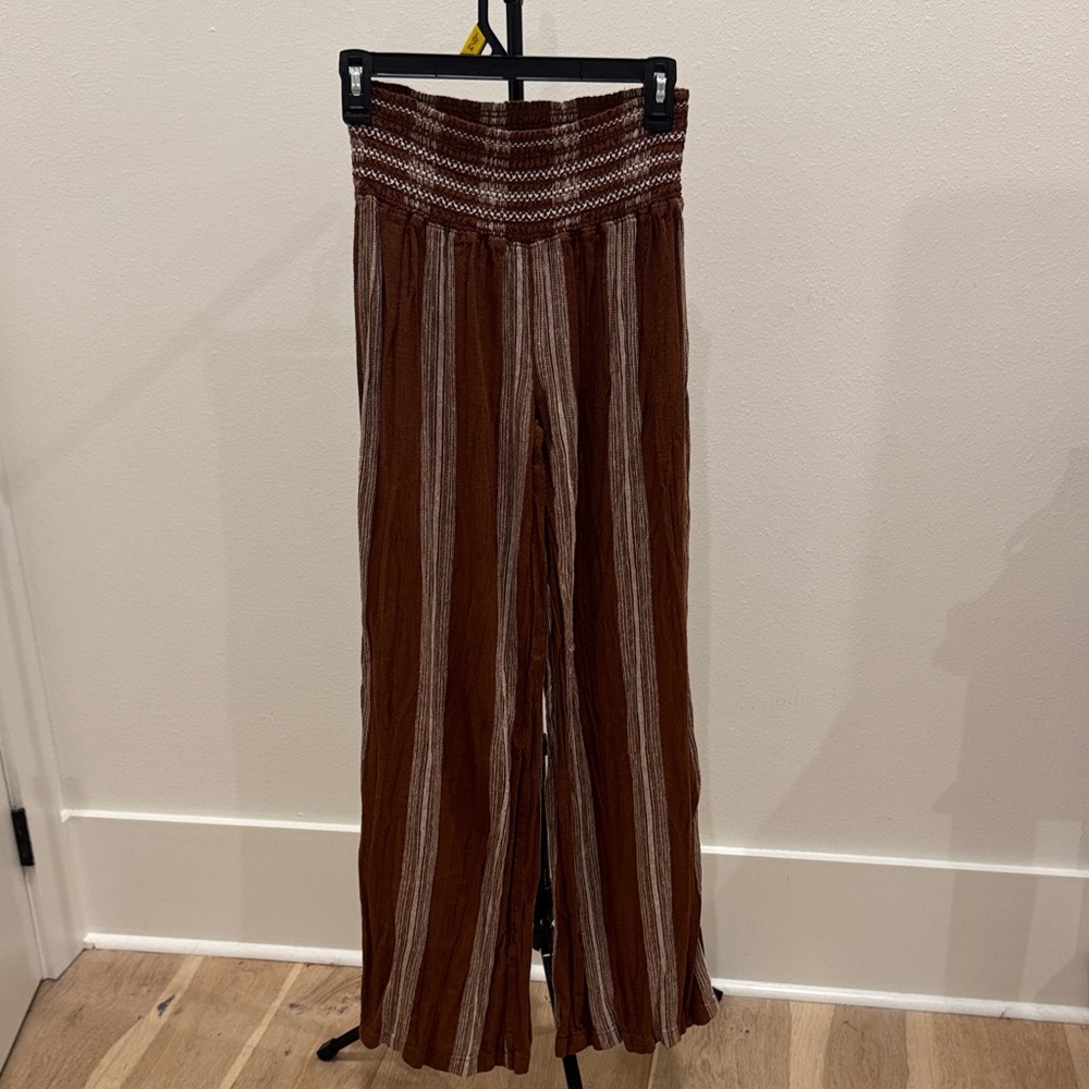 Sincerely Jules Brown and Cream Striped Wide-Leg Smocked Pants